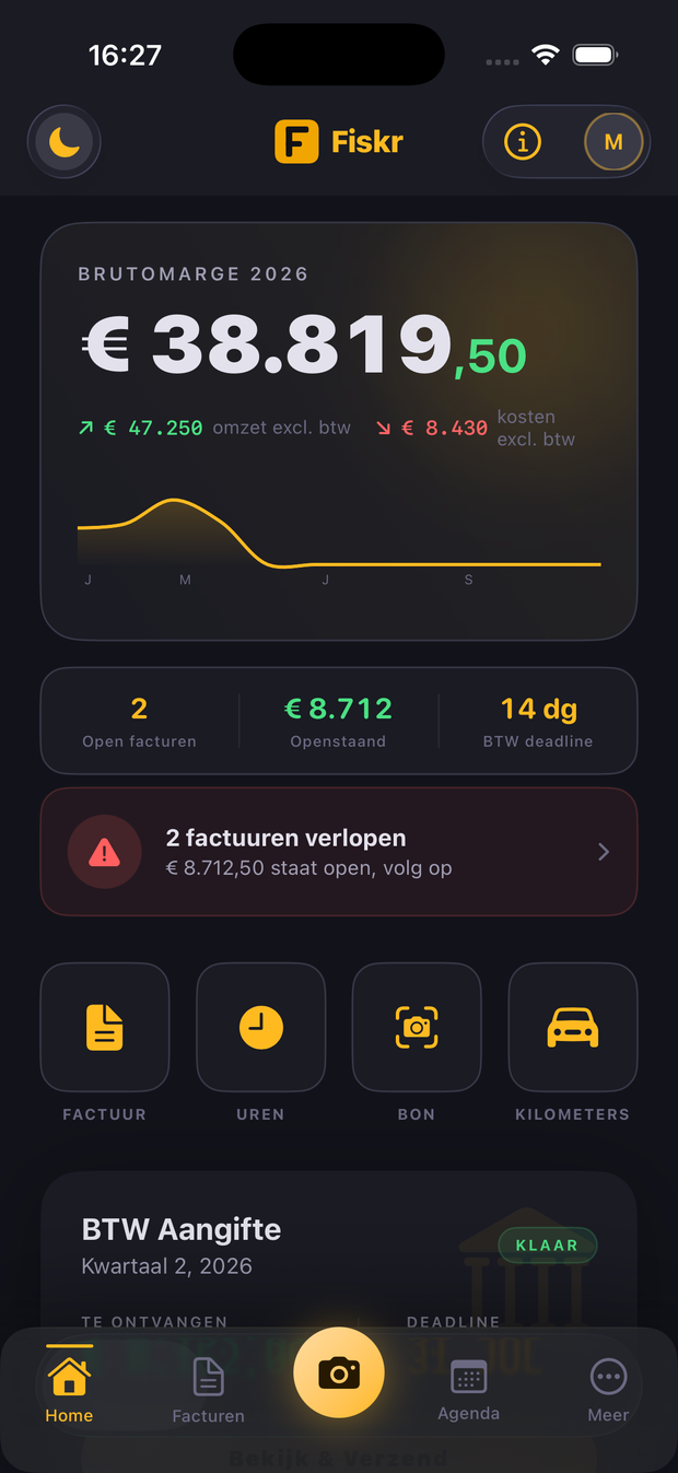 Fiskr dashboard met brutomarge, openstaande facturen en BTW-deadline