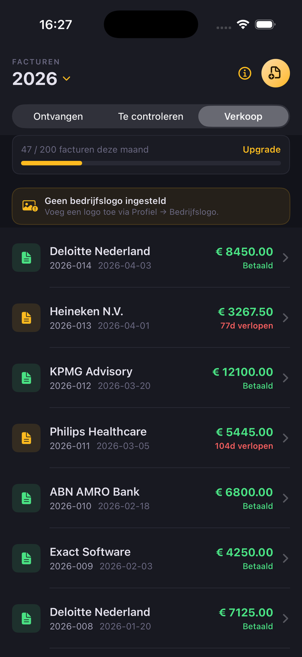 Facturenoverzicht in de Fiskr app