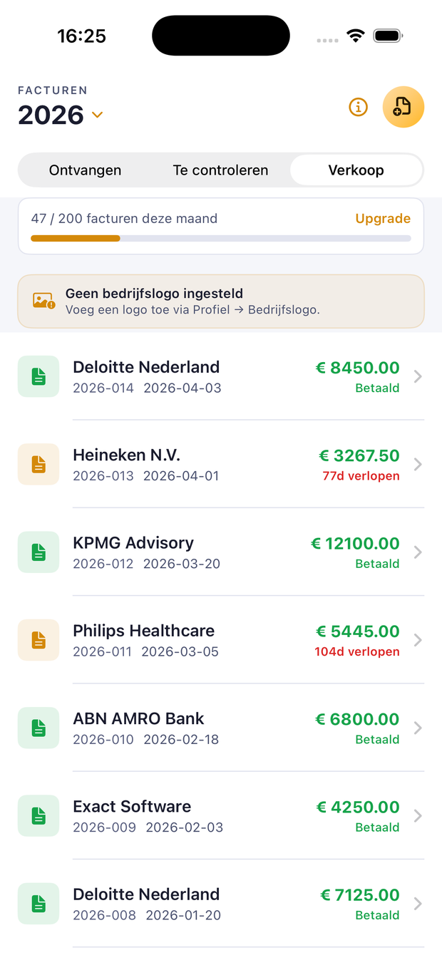 Facturenoverzicht in de Fiskr app